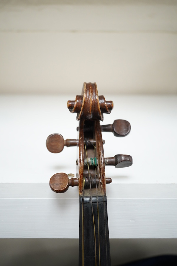 Three violins; a 3/4 Czech, a 1/2 size German and a 1/4 size Czech, all cased. Condition - fair to good